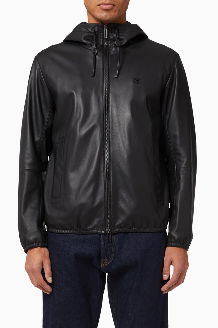 

Essential Capsule Collection Hooded Zip-up Jacket in Leather, Black