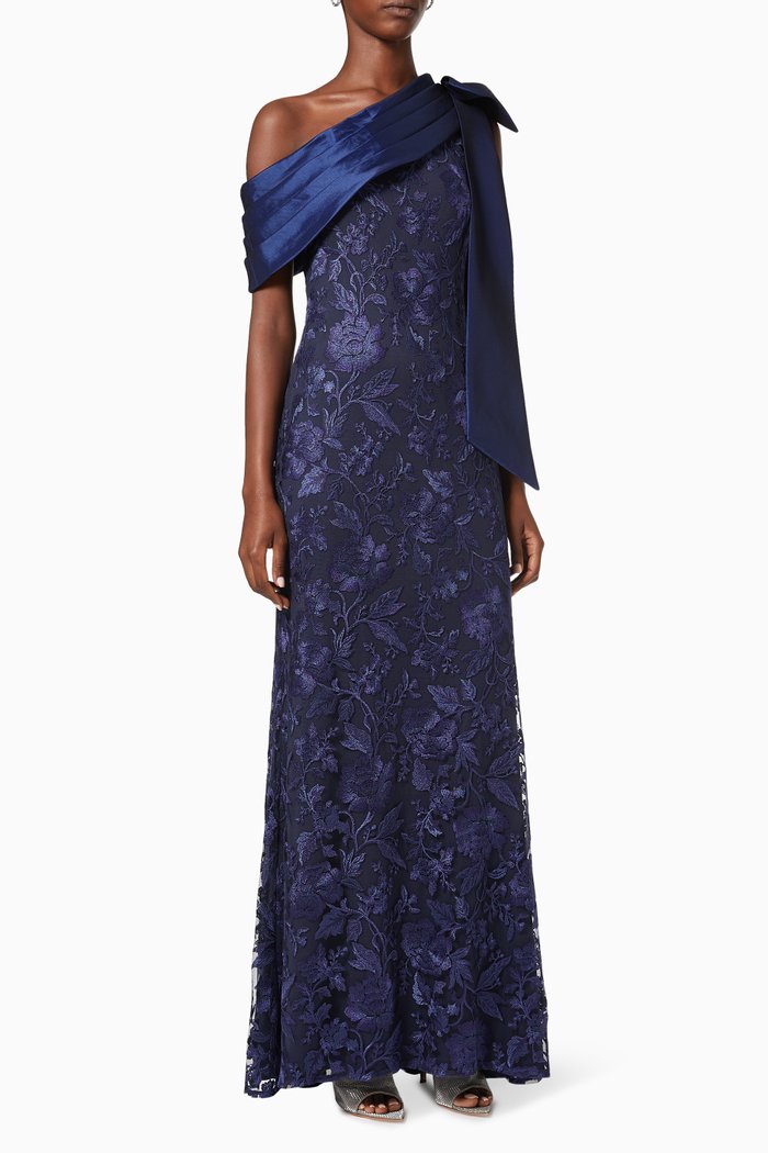 

Hamond Draped One-shoulder Gown in Lace, Blue