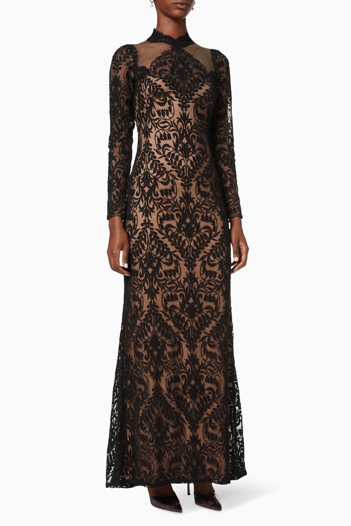 

Floral Floor-skimming Gown in Lace, Black