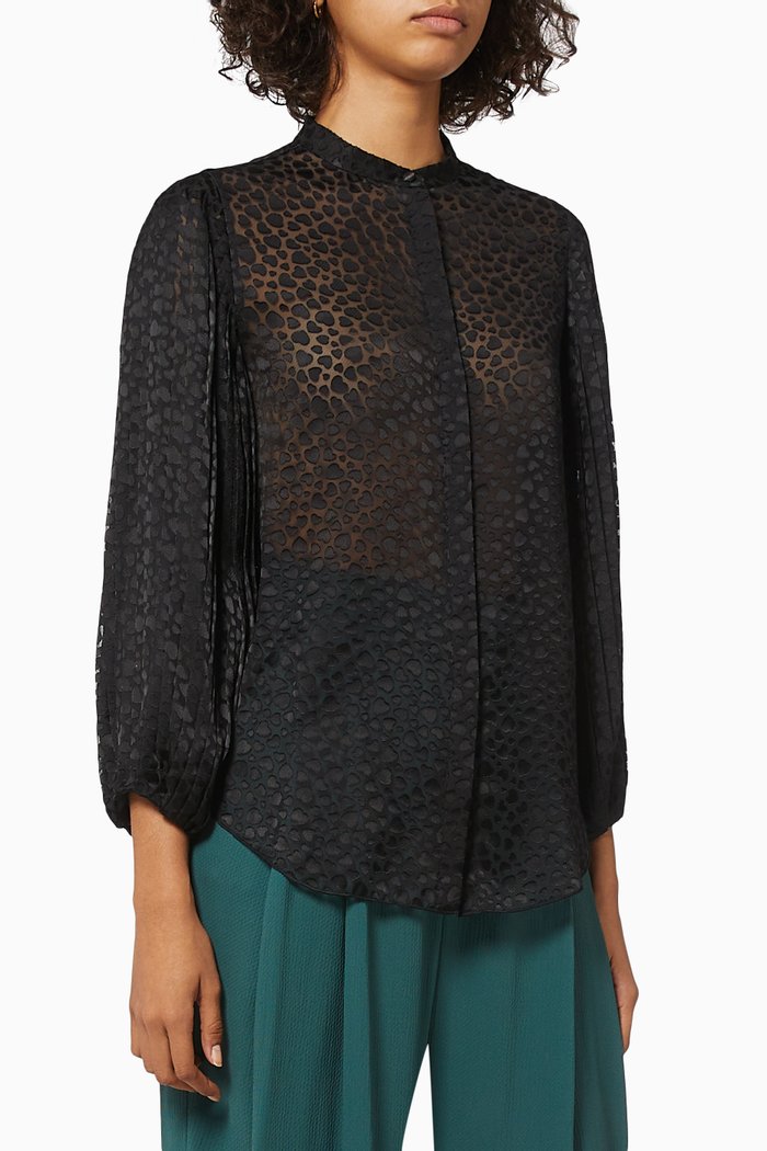 Button-down Devoré Blouse in Poly-viscose Blend, Black