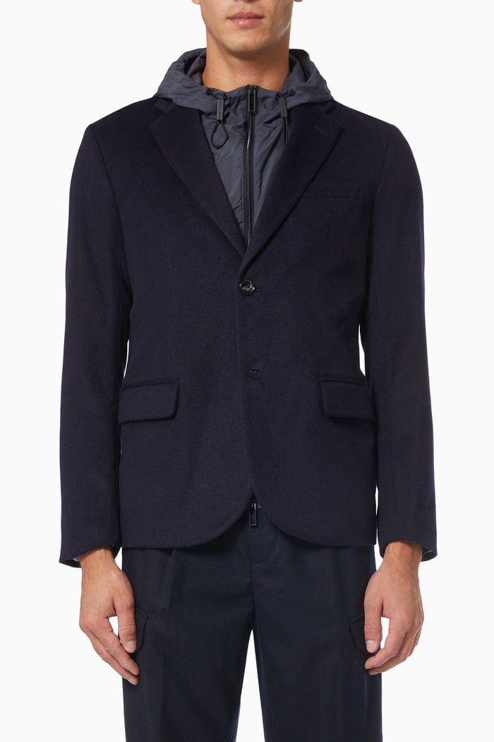 

Double Breasted Hooded Blazer in Wool & Nylon, Blue