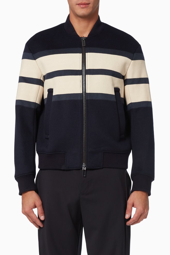 

Band Detail Bomber Jacket in Virgin Wool Fleece, Blue