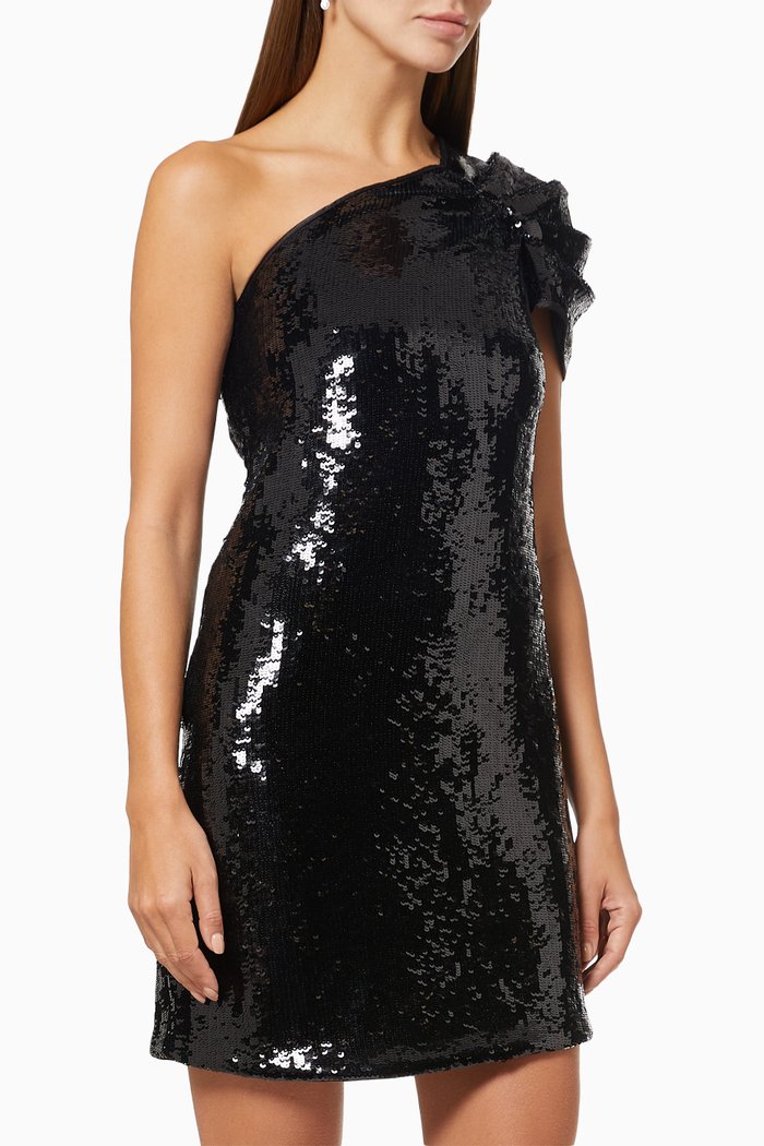

Draped One-shoulder Dress in Sequinned Polyester, Black