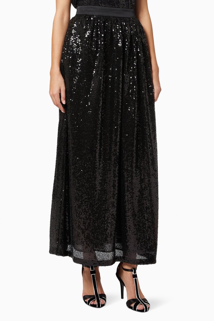 

Sequinned Maxi Skirt in Tulle, Black