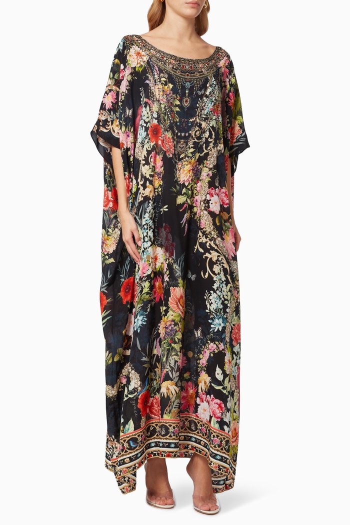 

Hampton Hive Round Neck Kaftan in Silk, Black