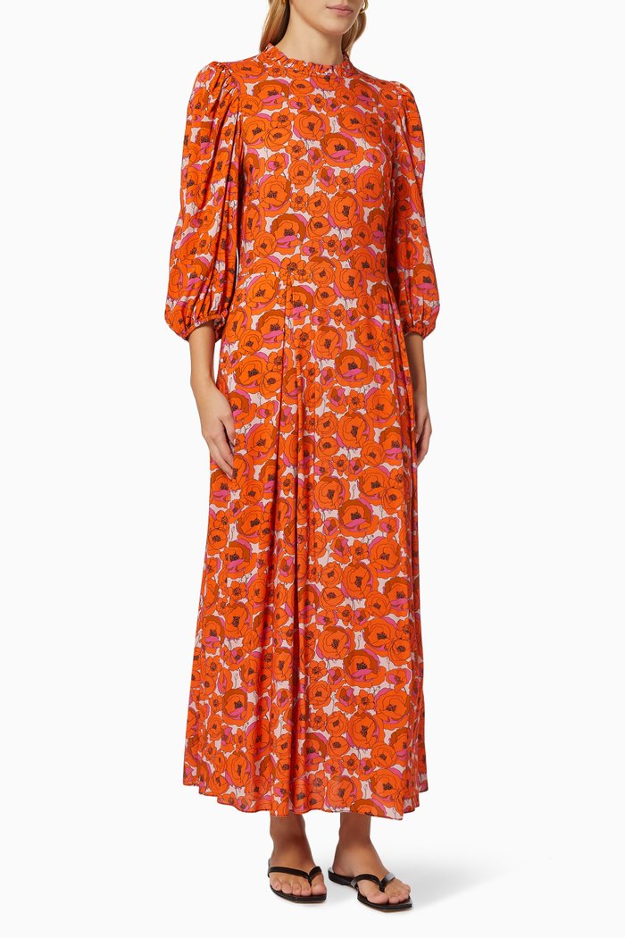 Carly Floral Dress in Viscose, Orange