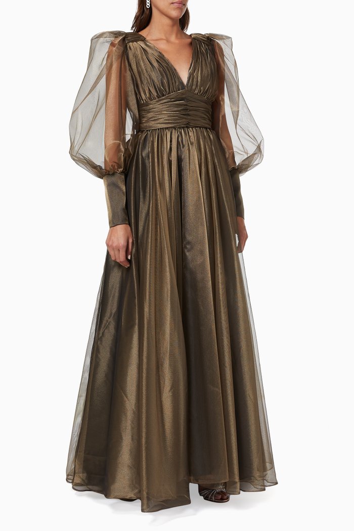 Draped Dress in Satin & Tulle, Gold