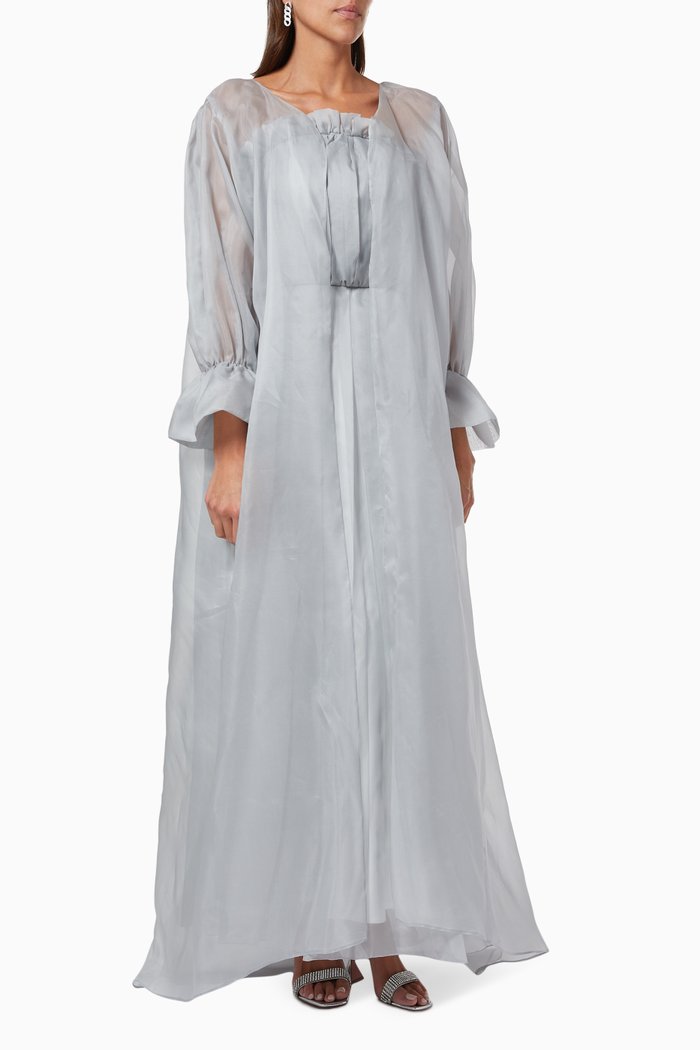 

Pleated Dress & Organza Abaya Set, Grey