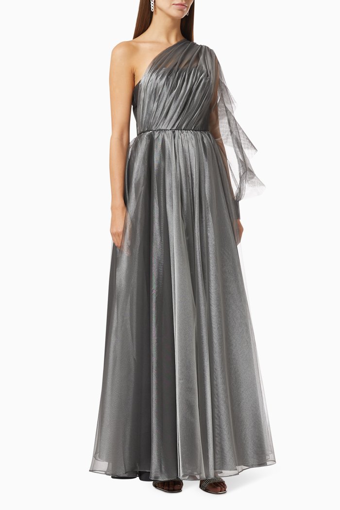 

Draped Ruffle Dress in Satin & Tulle, Grey