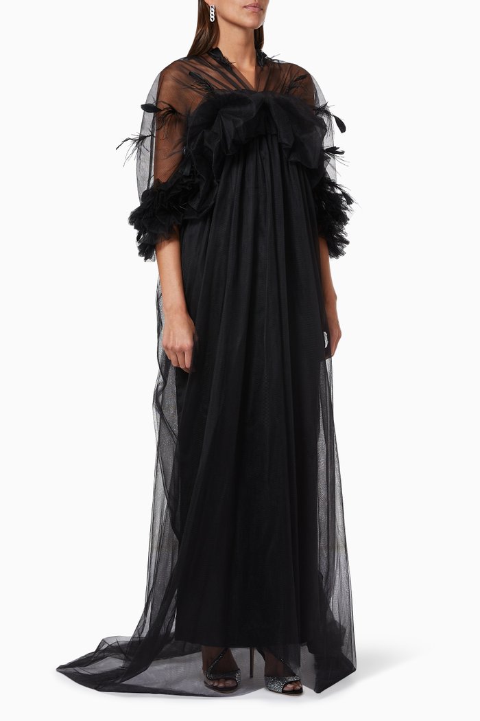 Dress & Feather Embroidered Abaya in Tulle, Black