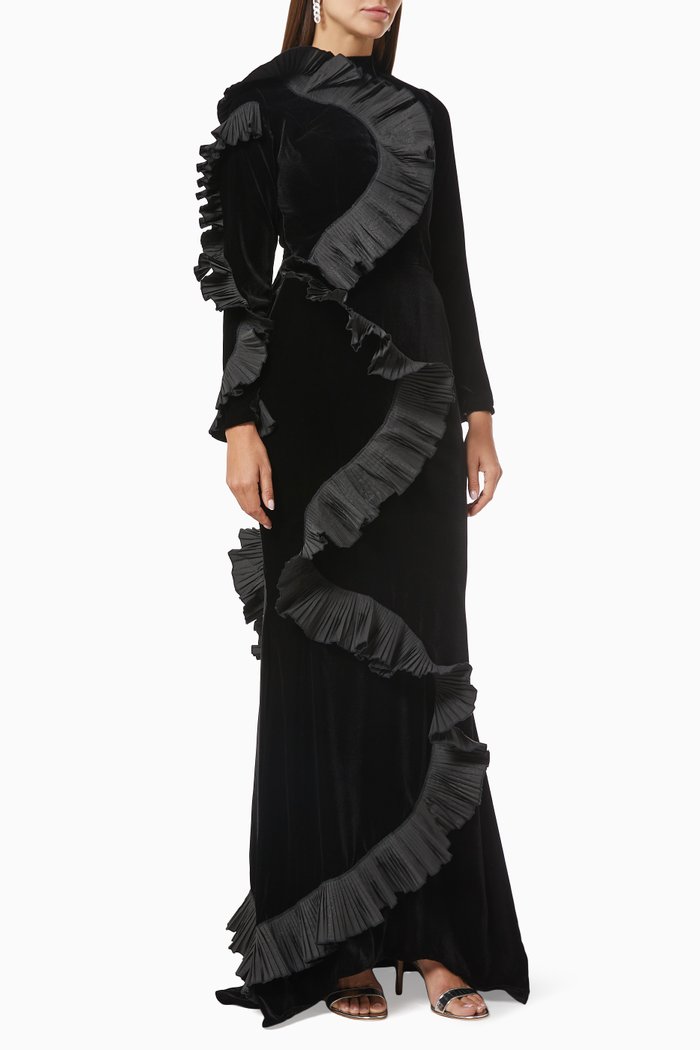 

Pleated Ruffle Dress in Velvet, Black