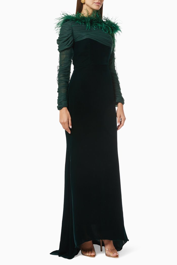 

Draped Feather Dress in Tulle & Velvet, Green