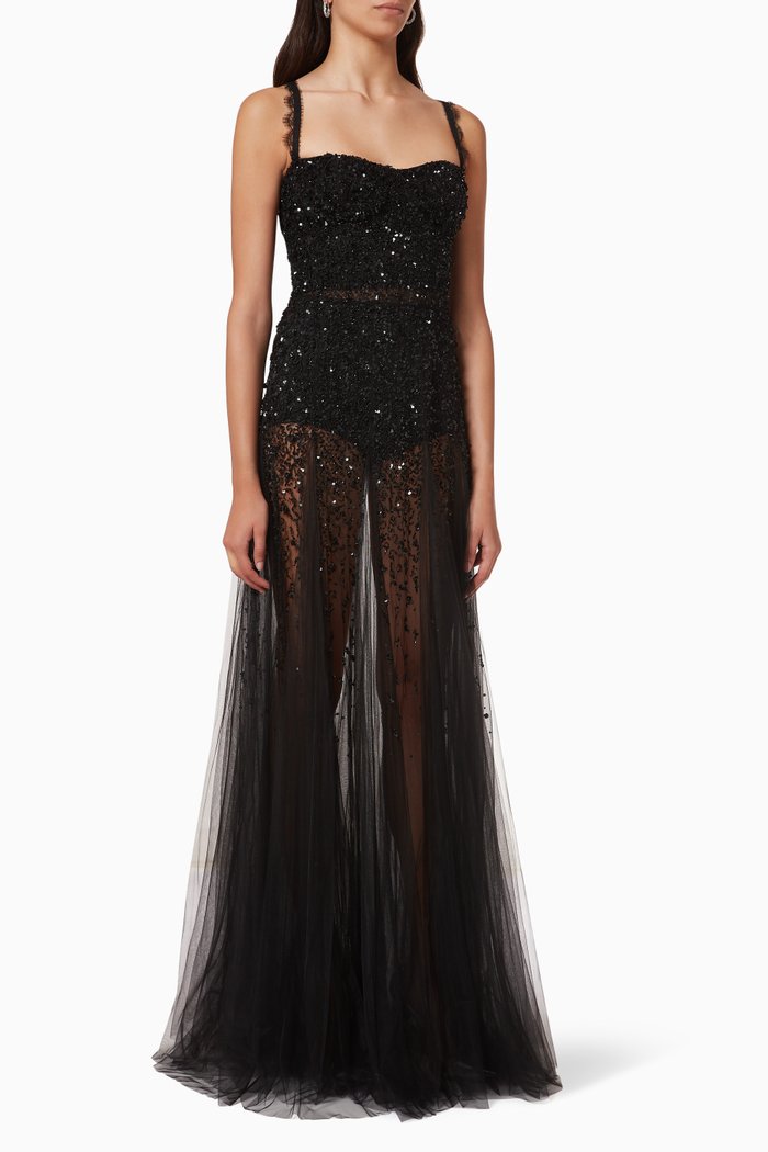 

Gown in Degradé Sequin Bead Tulle, Black