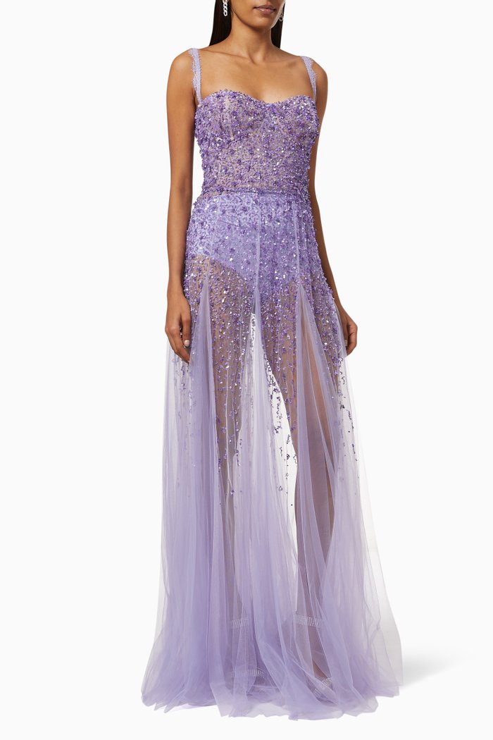 

Gown in Degradé Sequin Bead Tulle, Purple