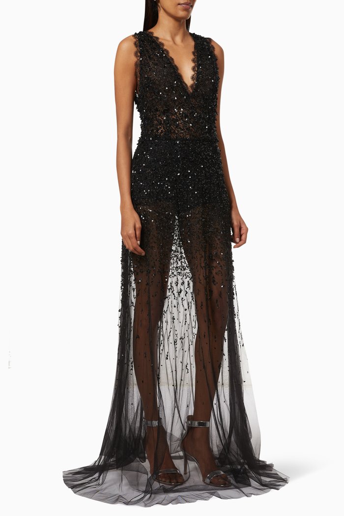 

Gown in Degradé Sequin Bead Tulle, Black