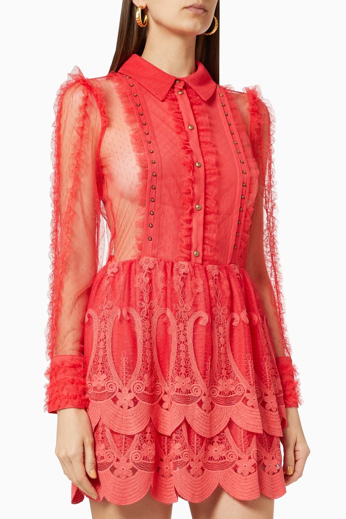 

Mini Dress in Plumetis Lace & Cotton, Red