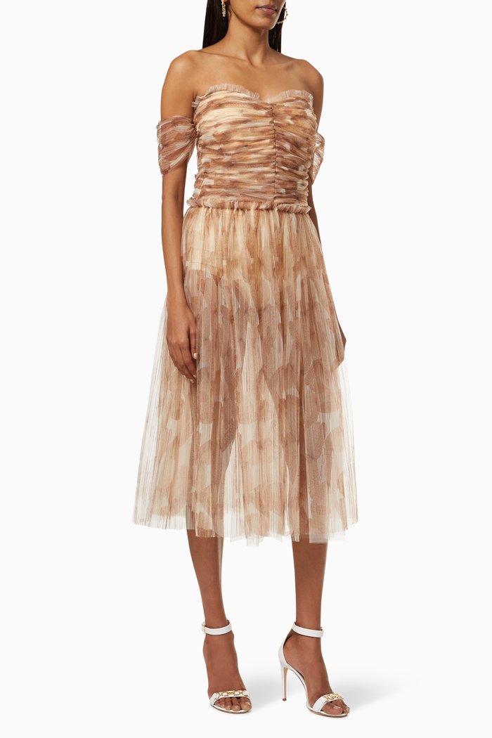 

Gathered Midi Dress in Butterfly Tulle, White