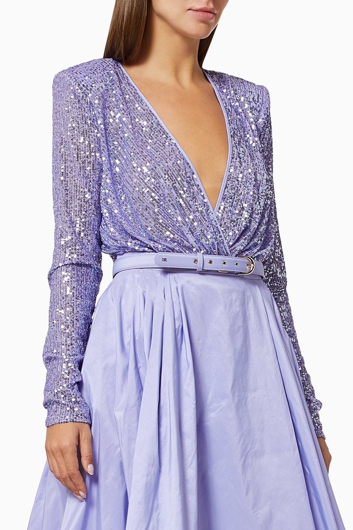 

Bodysuit & Skirt Set in Sequin Mesh & Taffeta, Purple