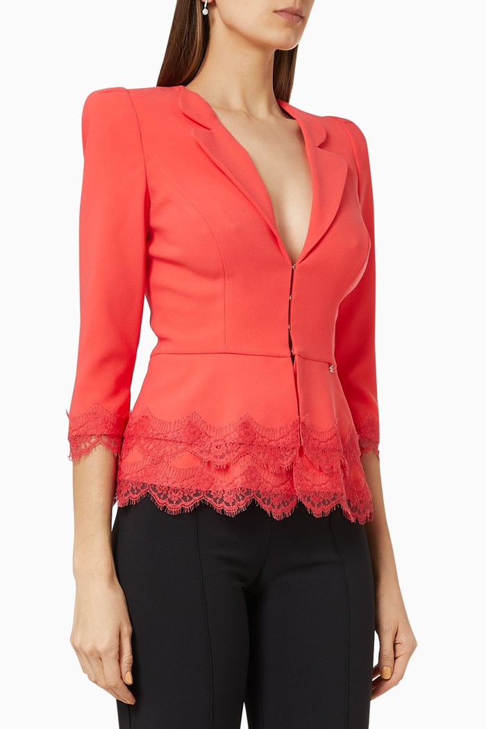 

Peplum Jacket with Rebrodé Lace in Crêpe, Red