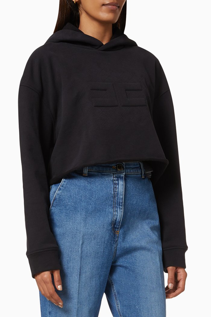 

Hooded Crop Sweatshirt in Cotton, Black