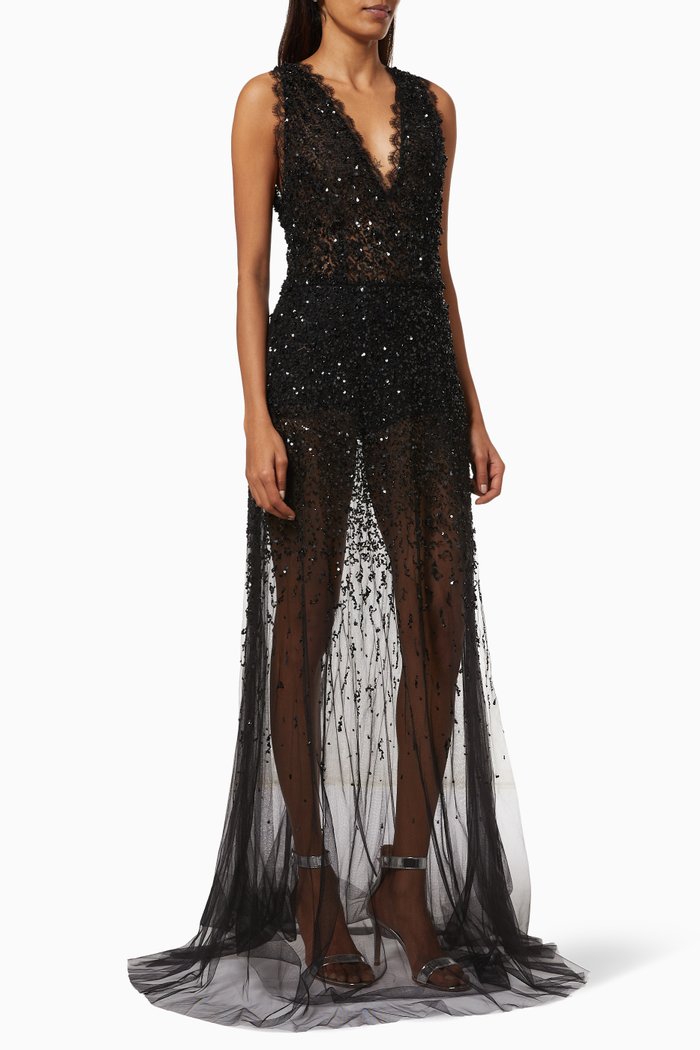 

Gown in Degradé Sequin Bead Tulle, Black