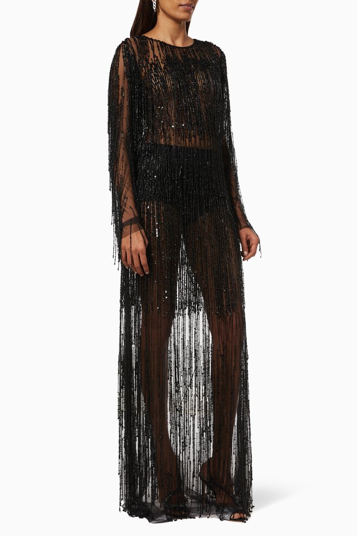 

Gown with Sequin Bead Fringes in Tulle, Black