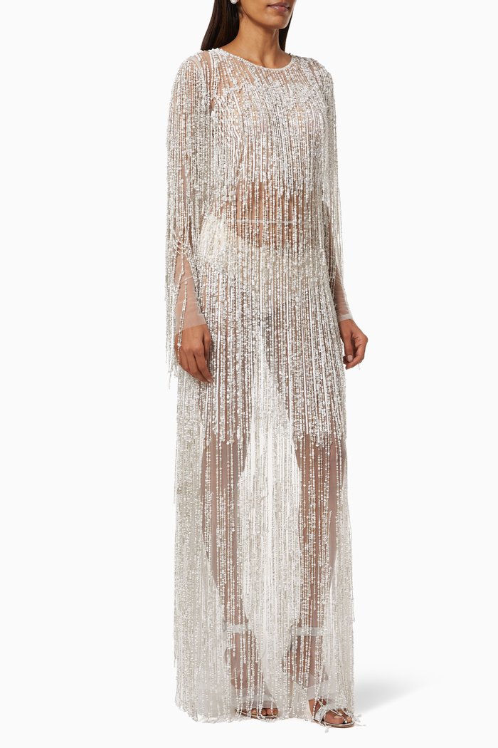 

Gown with Sequin Bead Fringes in Tulle, White