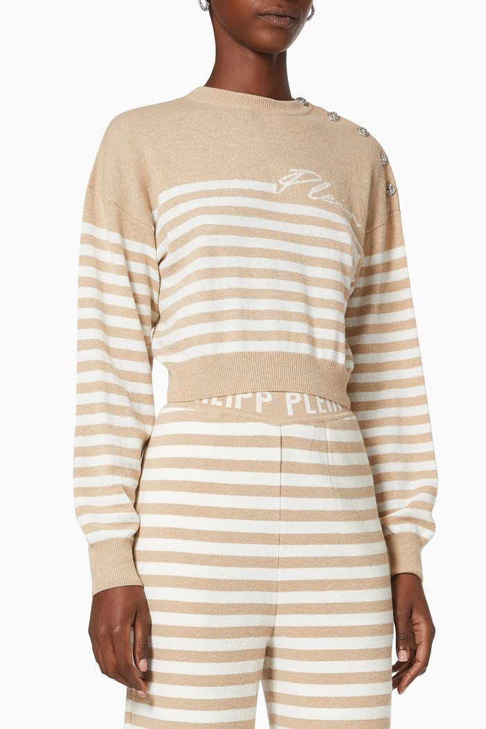 

Signature Print Striped Pullover in Cashmere Wool, Neutral