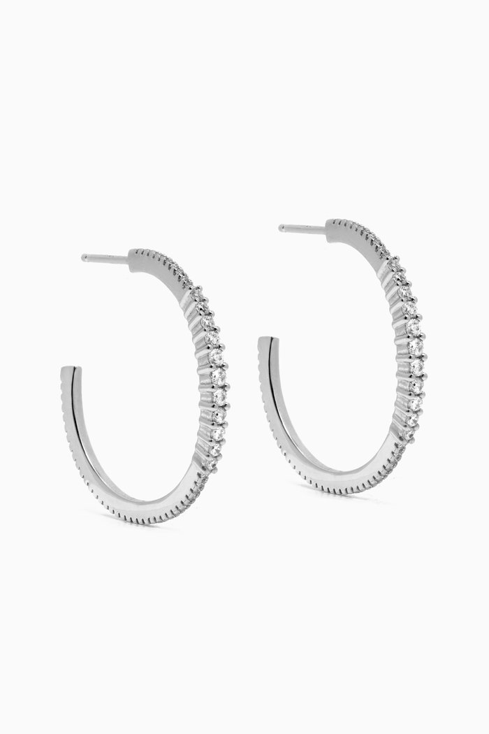 

Stone Oval Half Hoop Earrings, Silver