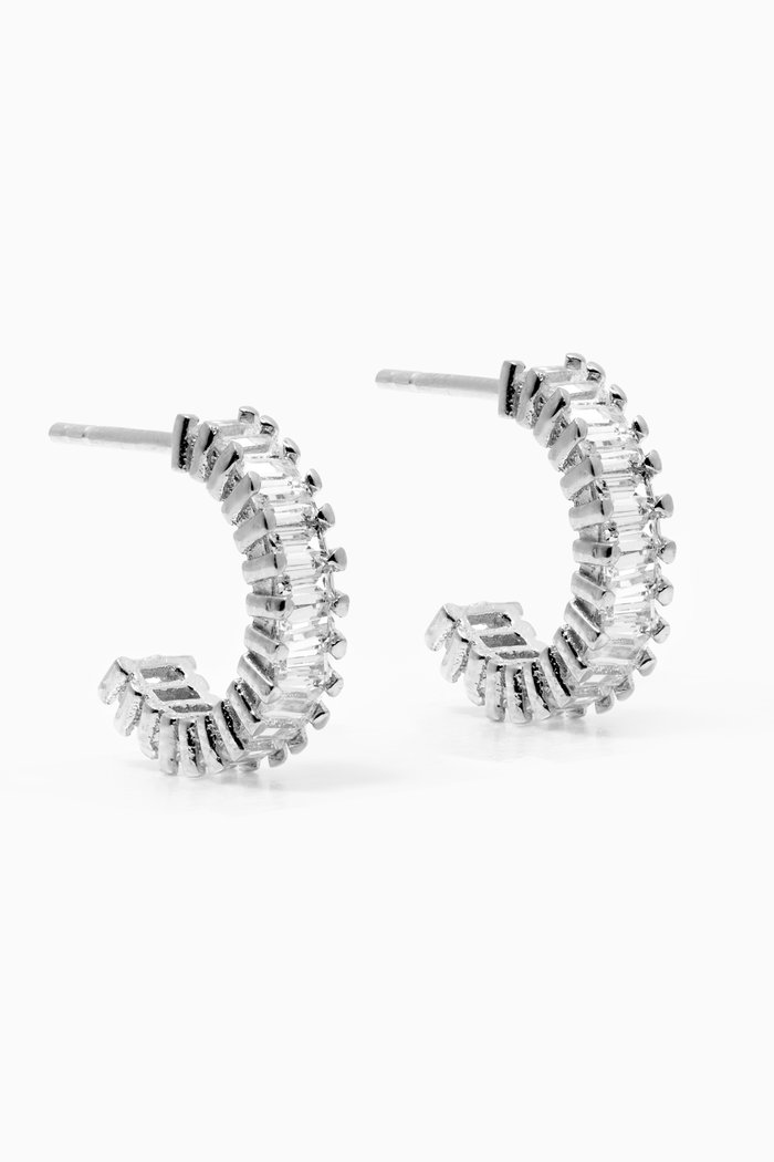 

Baguette Stone Half Hoop Earrings, Silver