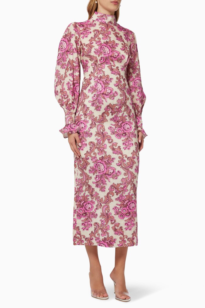 

Isla Midi Dress in Linen, Pink