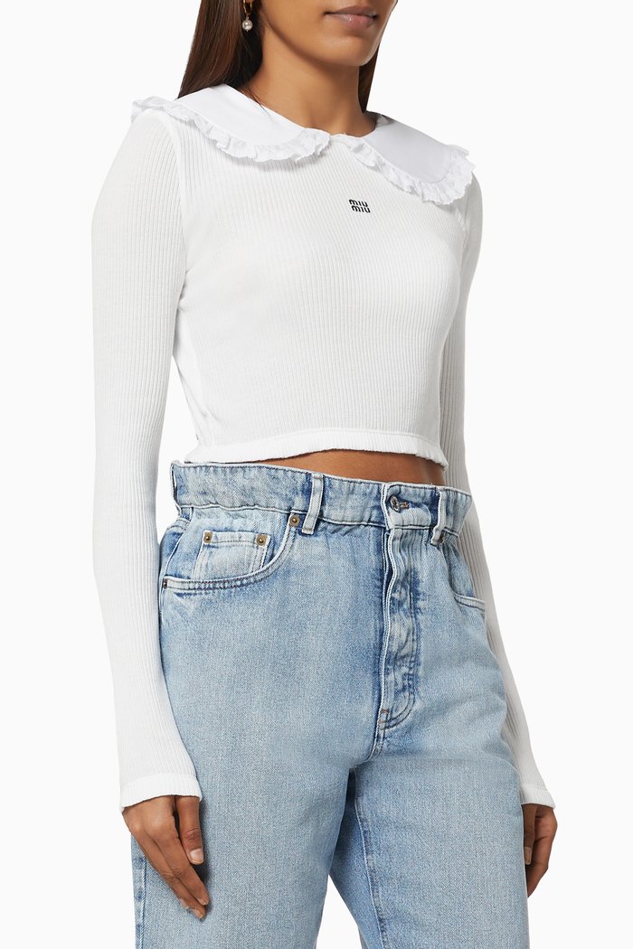 

Wide Collar Cropped T-shirt in Ribbed Cotton Jersey, White