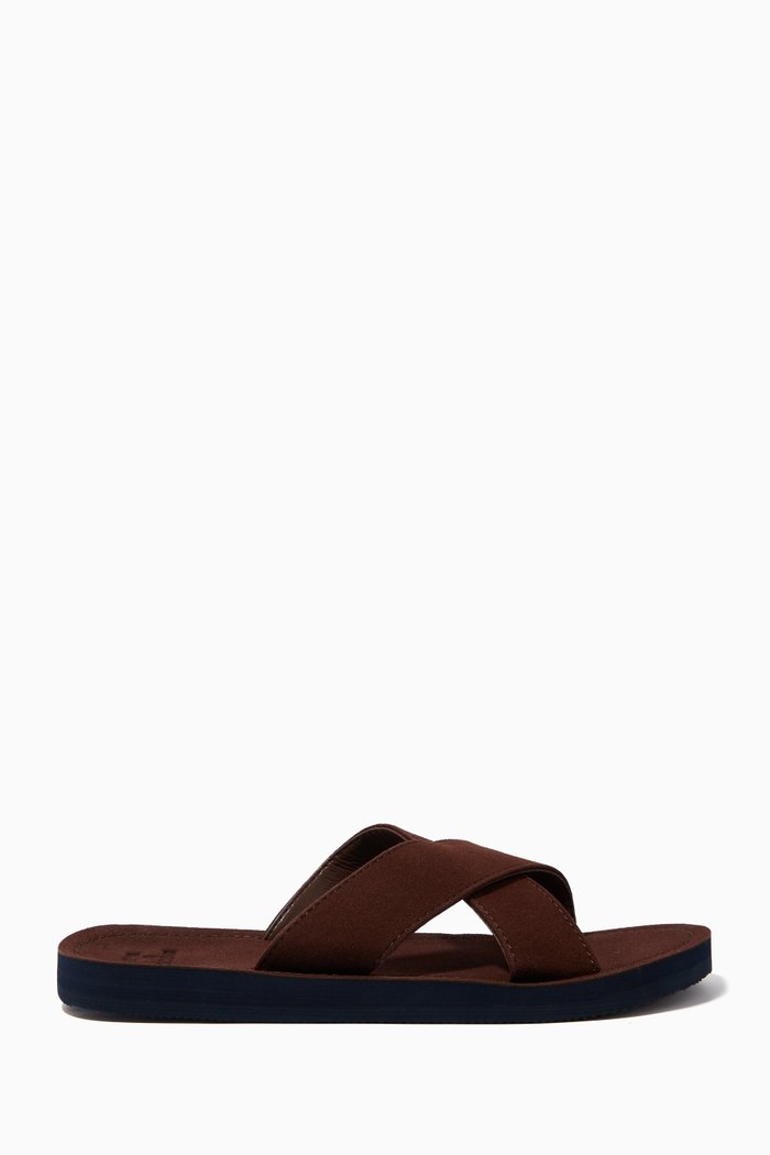 

Slim Cross Strap Slides in Faux Suede, Brown