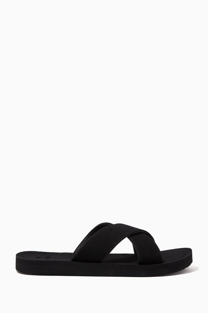 

Slim Cross Strap Slides in Faux Suede, Black