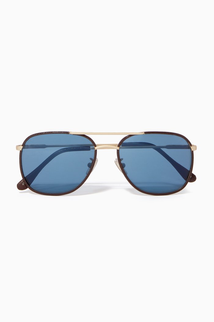

Rabat Aviator Sunglasses in Leather & Metal, Brown