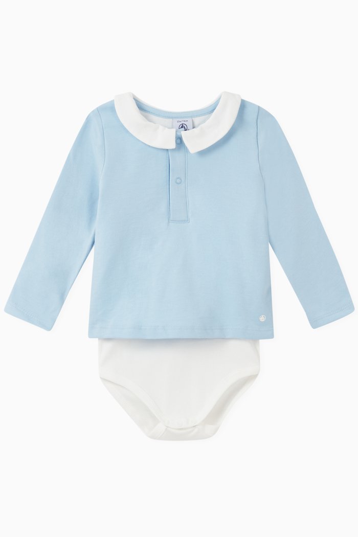 

Collar Shirt Bodysuit in Cotton, Blue