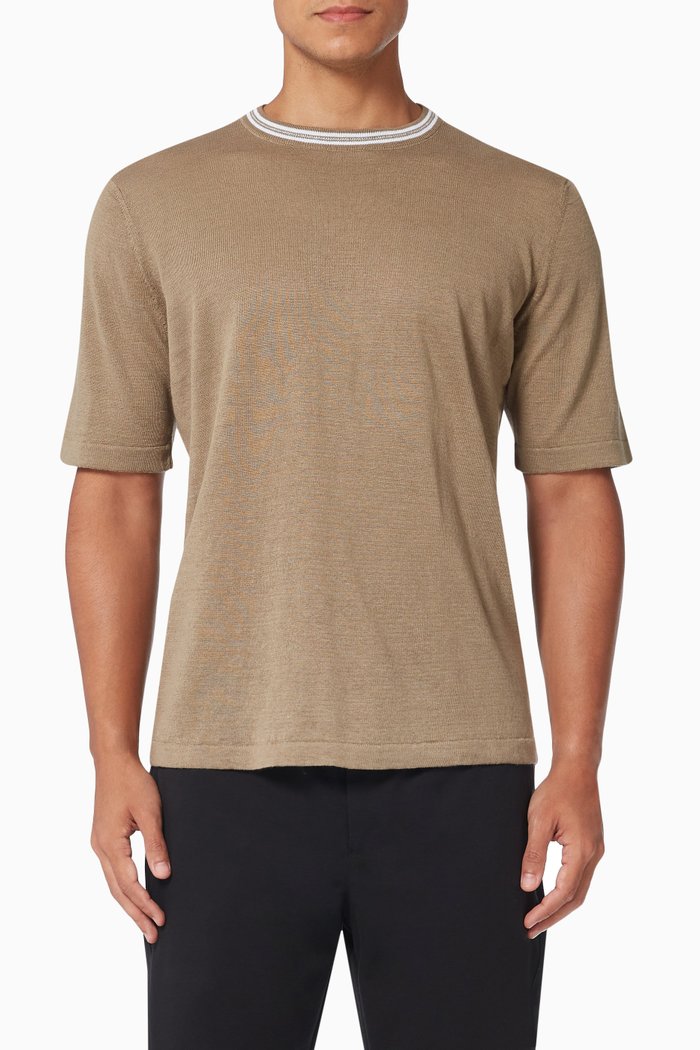 Contrast Collar T-shirt in Linen, Neutral