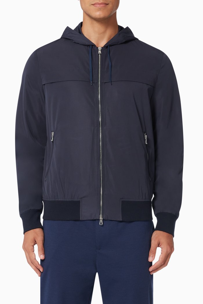 

Hooded Bomber Jacket in Lightweight Nylon, Blue