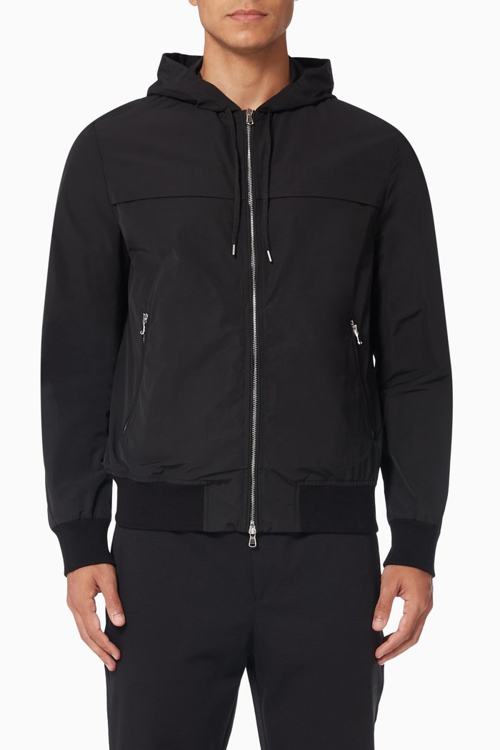 

Hooded Bomber Jacket in Lightweight Nylon, Black