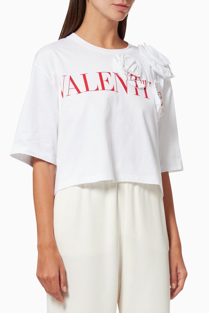 

Valentino Rose Blossom Cropped T-shirt in Cotton Jersey, White
