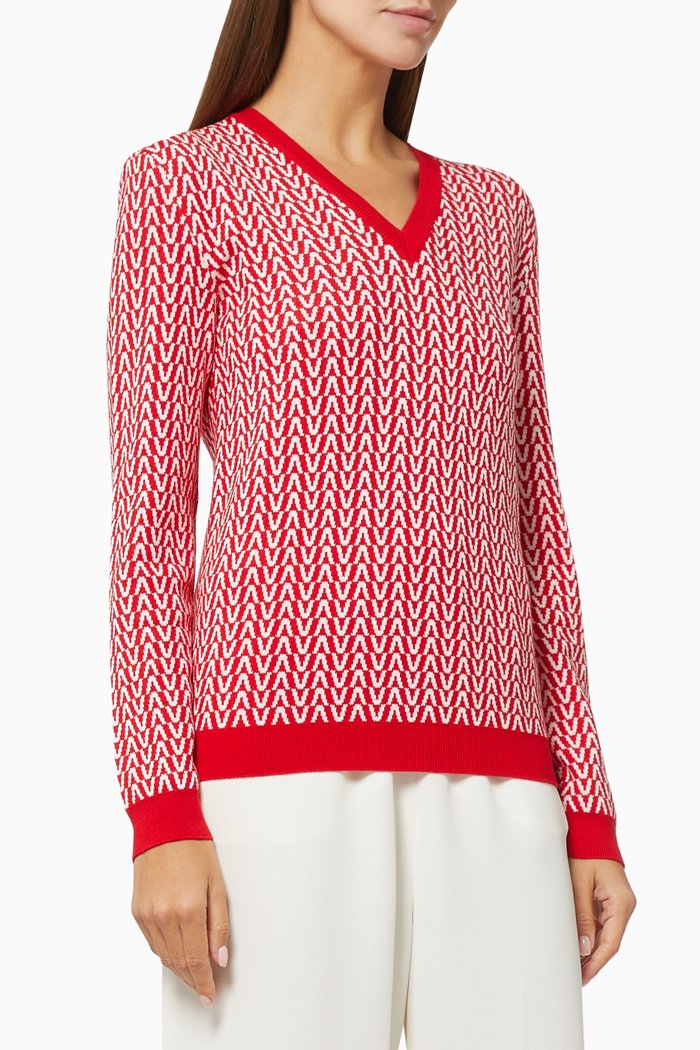 

V-neck Sweater in Valentino Optical Jacquard Wool, Red