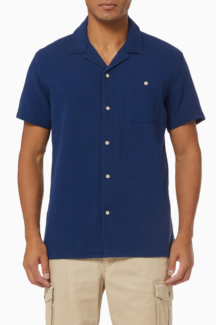 

Dobby Cuban Collar Shirt in Organic Cotton, Blue
