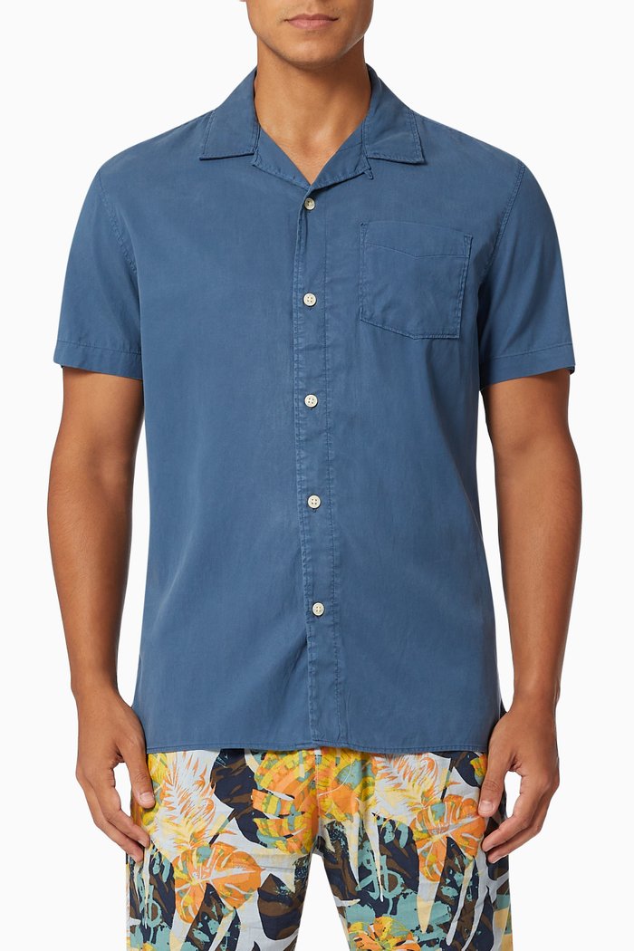 

Cuban Collar Shirt in Organic Cotton, Blue