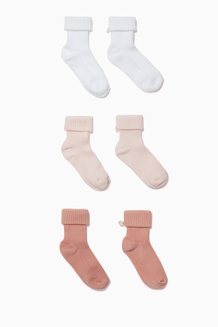 

Folded Cuff Socks in Ribbed Knit, Set of 3, Pink