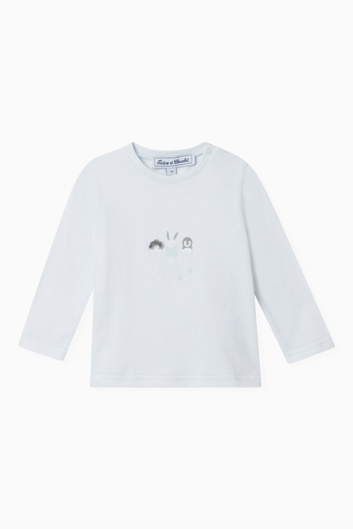 Bunny & Penguin Print T-shirt in Cotton, Blue