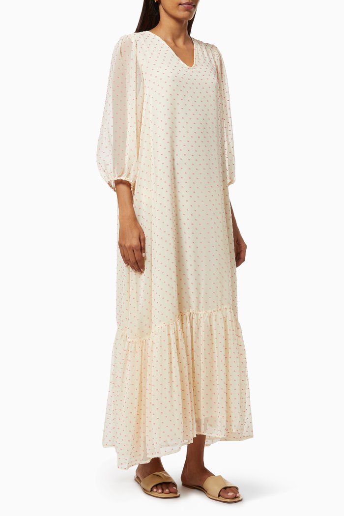 

Textured V-Neck Puff Sleeve Dress, Neutral