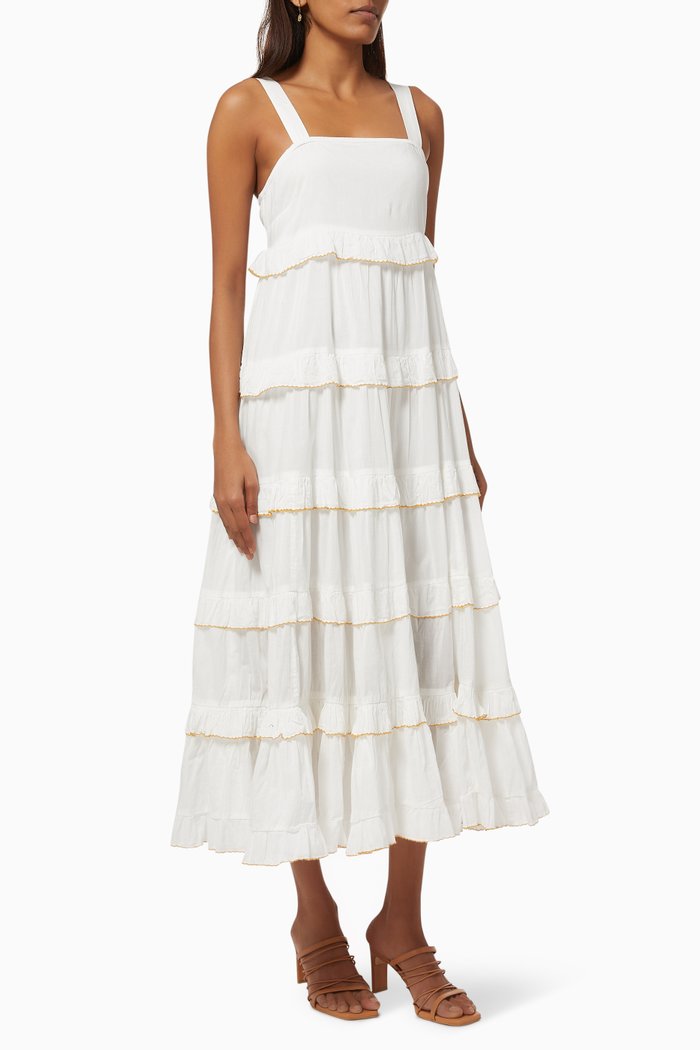 

Frilled Midi Strap Dress in Organic Cotton, White