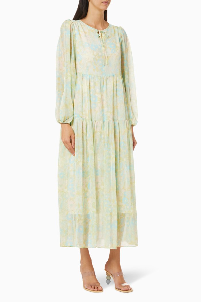 

Pastel Floral Print Prairie Dress in Recycled Polyester, Neutral