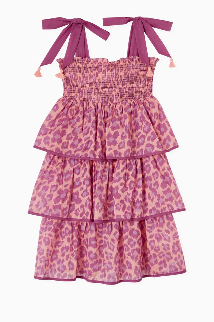 

Teddy Shirred Tiered Dress in Cotton, Pink