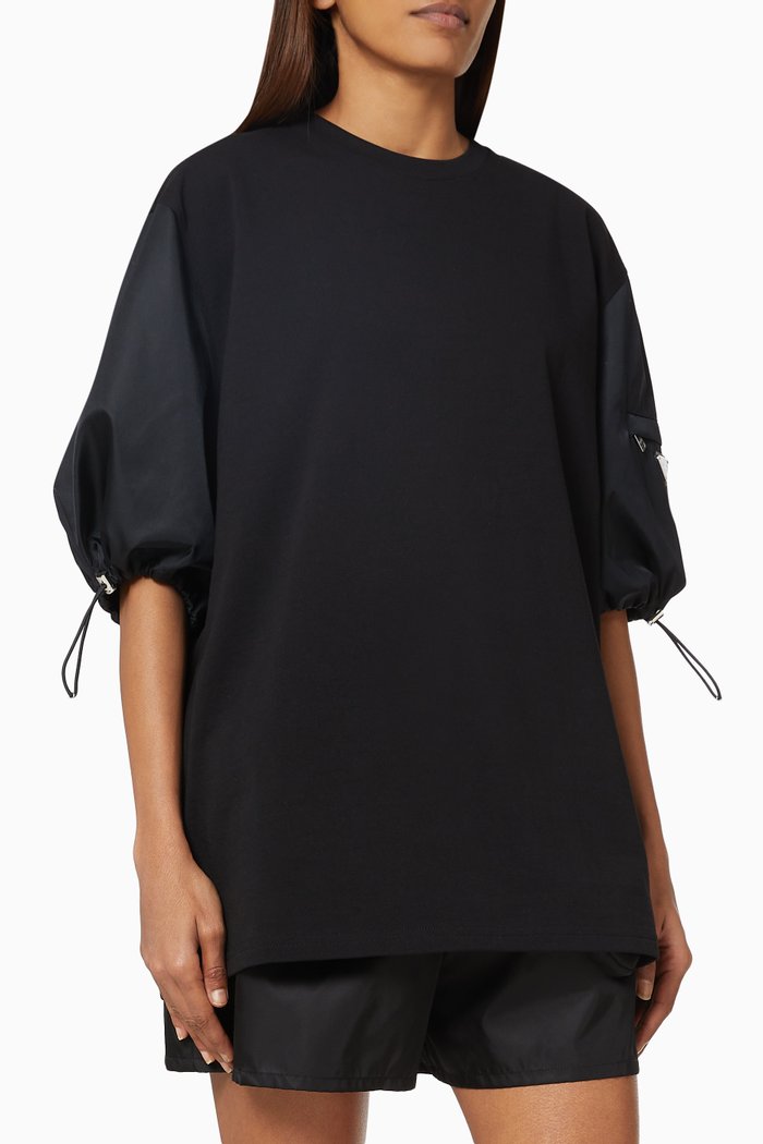 Triangle Logo T-shirt in Cotton Jersey & Re-Nylon Gabardine, Black